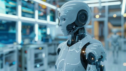 Fototapeta premium A rendering of an artificial intelligence robot activating Web 4.0, interacting with cloud services, big data, and VFX from deep learning technologies.