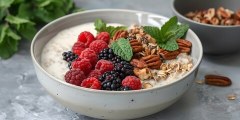 Bowl of oatmeal with berries pecans mint and granola on the side. Concept Healthy Breakfast, Oatmeal Bowl, Berries and Nuts, Fresh Mint, Granola Topping