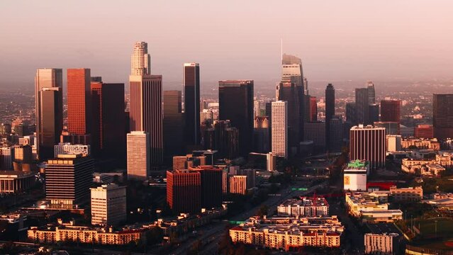 Aerial view of skyscrapers in Downtown Los Angeles California during sunrise