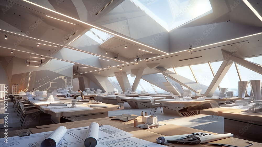 Poster a spacious architecture studio with drafting tables, blueprints, scale models, and natural light fro