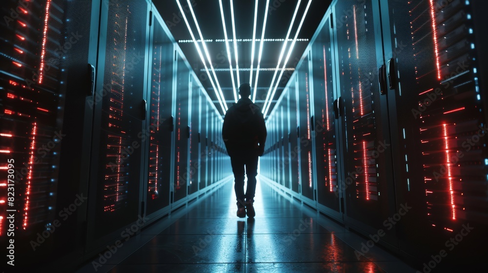 Poster photograph of an it engineer walking through a data center corridor with rows of rack servers.