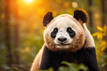 Panda, Professional wild life photography, in forest, sunset bokeh blur background, animals &...