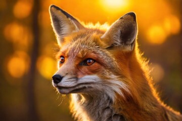 Obraz premium Red Fox, Professional wild life photography, in forest, sunset bokeh blur background, animals & birds, cinematic, wallpaper