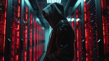 In this low-angle shot, a masked hacker wears a hoodie as he sneaks through rows of rack servers in a corporate data center.
