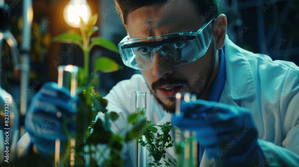 Poster using a modified plant, a scientist conducts experiments by dripping into a test tube.