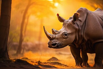 Fototapeta premium Rhinoceros, Professional wild life photography, in forest, sunset bokeh blur background, animals & birds, cinematic, wallpaper