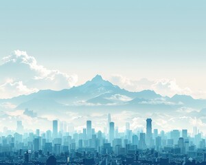 A serene cityscape with a skyline of skyscrapers beneath a mountain and a cloudy, blue sky in the background.