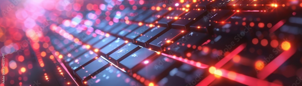 Poster abstract futuristic glowing keyboard with particle effects, representing technology, innovation, and