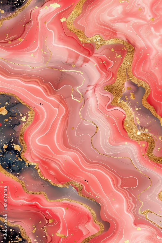Poster an abstract painting featuring swirls of gold and pink colors, creating a dynamic and visually strik
