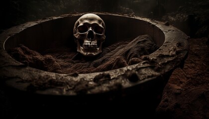 An ancient human skull rests in a rustic metal container, partially covered by dark fabric, in a shadowy environment.. AI Generation