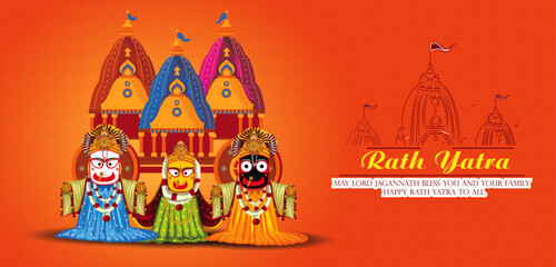 Vector illustration of Lord Jagannath, Balabhadra, and Subhadra ,  Rathyatra festival celebration in Odisha.