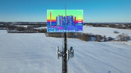 Cellular telecom tower in a snowy landscape with an overlaid graph showing signal strength...