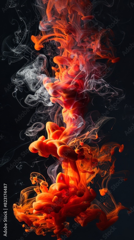 Poster a collection of red and orange smoke swirling and billowing in abstract patterns on a black backgrou