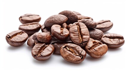 A PNG image of freshly roasted coffee beans on a white background with chocolate confiture on top - Powered by Adobe