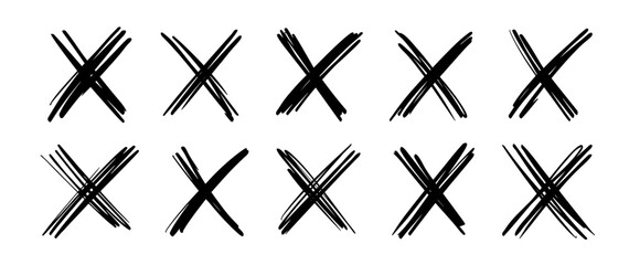 X scribble marks of cross in hand drawn sketch or marker doodle and ink brush stroke, vector icons. X scribble marks of ink pen sketch line for false check box vote, No sign and con or cancel symbol