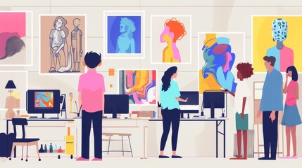 A vibrant illustration of an art gallery interior, featuring visitors observing various modern artworks displayed around a spacious room.