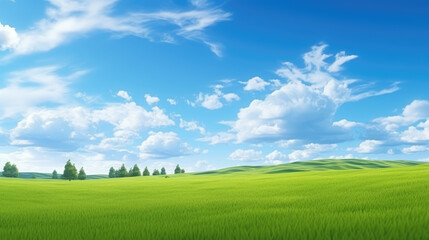 Fototapeta premium Serene Landscape: Green Fields and Vivid Skies