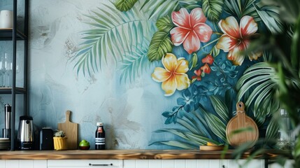 Lush Rainforest Mural: Vibrant Greens and Blues Bringing Nature Indoors
