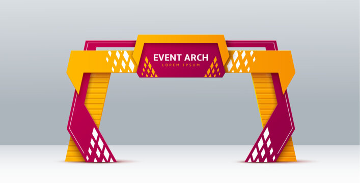 event arch, realistic 3d vector exhibition entrance or entry, modern and stylish arc gate design in bright yellow and purple with geometric shapes. Colorful gateway frame for festive events or promo
