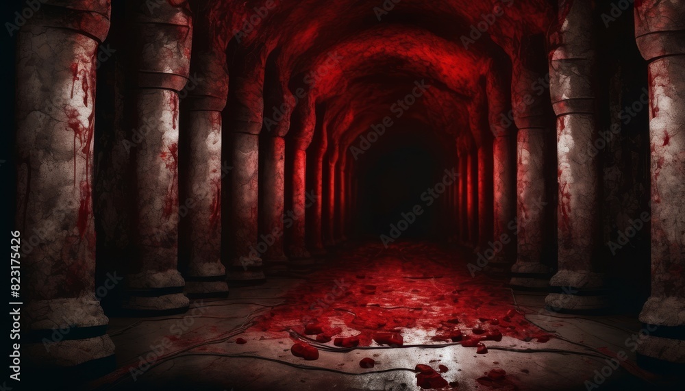 Aufkleber a foreboding image of a dark hallway lined with classical pillars, illuminated with red light, and a