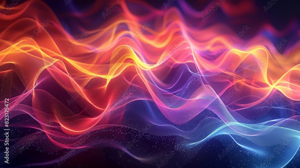 Poster illustrate the rhythmic vibration of sound waves in a colorful, dynamic wave formation. generative a