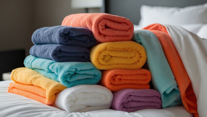 Clean multi-colored towels lie on the bed