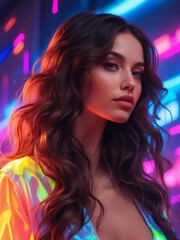Model with long hair and bright neon light behind her, close-up