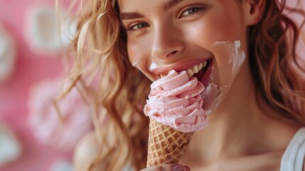Young Woman Enjoying Ice Cream Cone in Profile View with Joyful Expression in a Studio Setting
