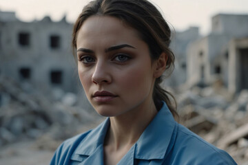 Portrait of a female medic against the background of destroyed buildings, close-up of her face