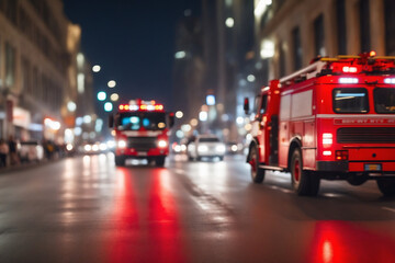 A red fire truck rides down the street of a night city