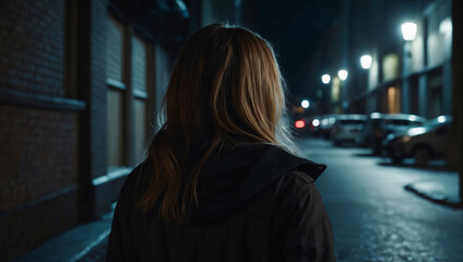 A lonely woman walks along an empty street in the dark, viewed from the back