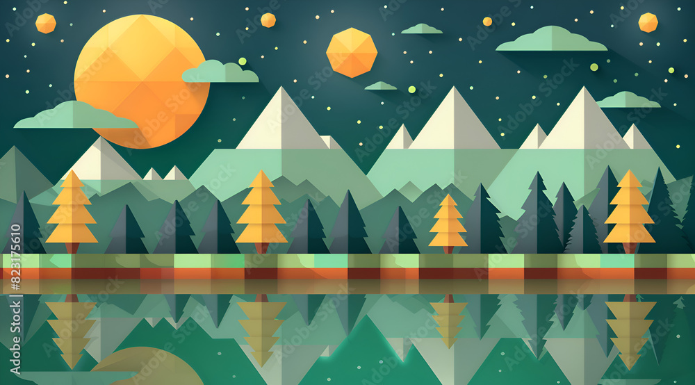 Poster a mountain range with a large yellow moon in the sky. the mountains are green and the trees are brow