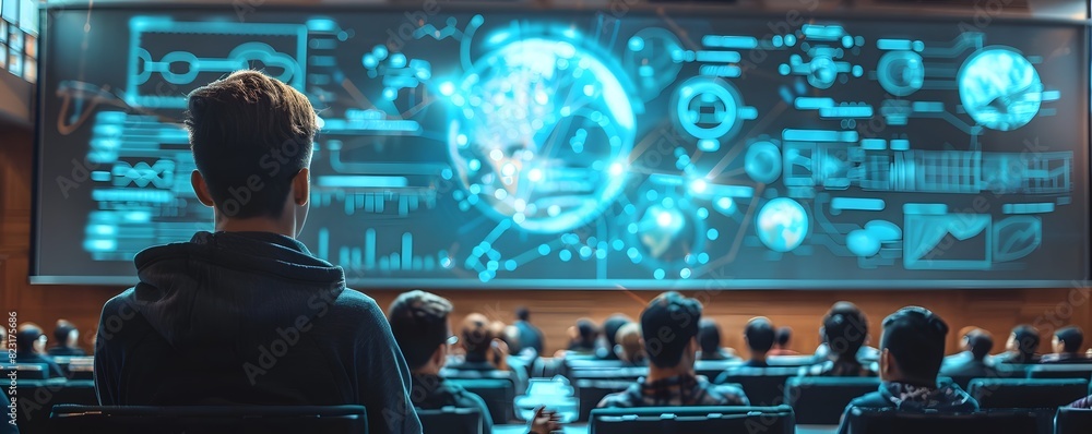 Poster futuristic university lecture hall where students engage with immersive 3d holographic models showca