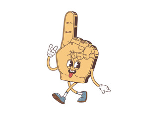 Groovy retro cartoon fan hand glove character with finger and funky face, vector hippie art. Groovy funny football or soccer sport fan glove with happy face and silly tongue out for quirky retro emoji