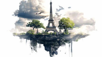 The Eiffel Tower is a png file with a transparent background and has been remixed with floating islands and fantasy art