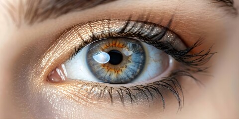 Obraz premium Closeup of a human eye with grey iris and blue vision. Concept Human Eye, Closeup Shot, Grey Iris, Blue Vision, Detailed Macro shot