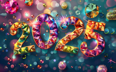 2025 gemstone numbers, new year diamond greeting card, gem celebrate banner, vip crystal eve poster