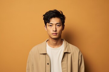 Beige background sad asian man realistic person portrait of young teenage beautiful bad mood expression boy Isolated on Background depression anxiety fear burn out 