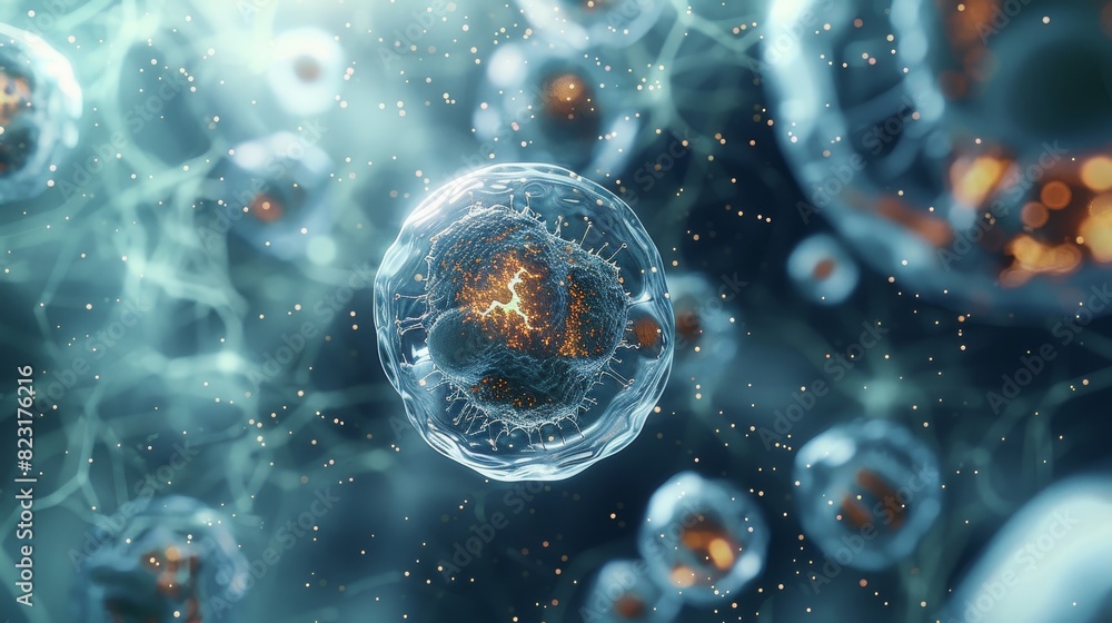 Poster A cell under microscope. Generative AI.