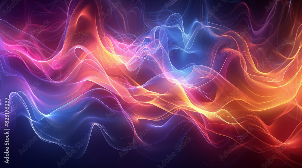 Poster illustrate the rhythmic vibration of sound waves in a colorful, dynamic wave formation. generative a