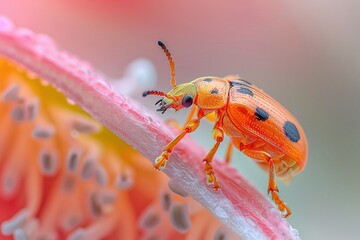 Macro photography of an orange aphid on a leaf with water droplets.