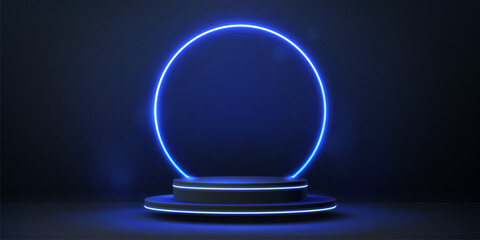 Podium stage with neon glow frame. 3d vector background with realistic circular pedestal illuminated with blue light border. Empty glowing scene for product presentation, fashion show performance