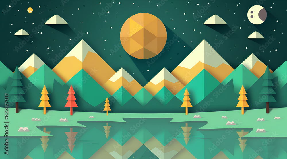 Aufkleber a mountain range with a large yellow moon in the sky. the mountains are green and the trees are brow