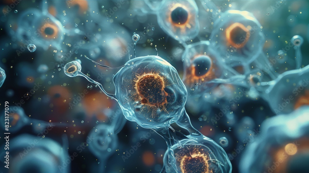 Poster A cell under microscope. Generative AI.