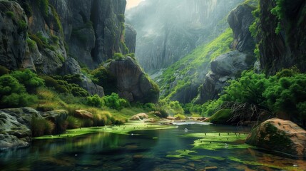 A hidden mountain valley with a tranquil river and lush vegetation, surrounded by cliffs, offers a serene escape.