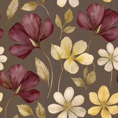 Floral seamless pattern with pressed flowers and leaves burgundy and delicate yellow colors. Watercolor print in vintage herbarium style, illustration for textile, wallpaper or wrapping paper