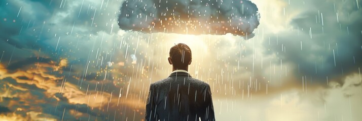 Businessman, standing under rain, pessimistic man under cloud, sad business man, unlucky, misfortune