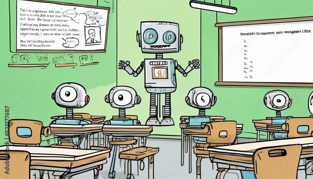 Poster a cartoon robot teacher stands in front of a classroom filled with robotic students, a colorful depi
