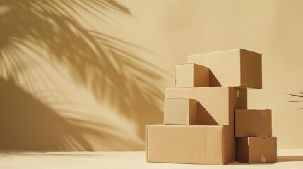 A minimalist composition of several cardboard boxes stacked on top of each other, forming a simple yet impactful visual representation of moving house. 