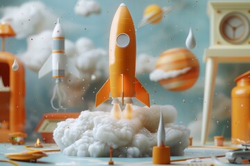 3D Model Figure of branding experts developing brand strategy for rocket launch advertising. Generative AI.